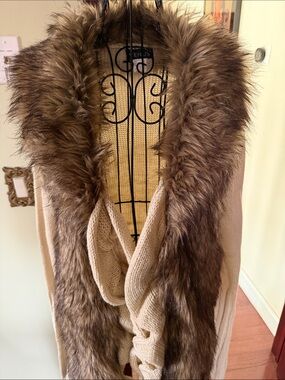 Venus Cream Knit Coatigan with Brown Faux-Fur Trim